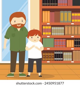 Father and son standing in library with bookshelves. Vector illustration