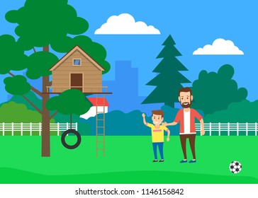 father and son standing  near house on tree