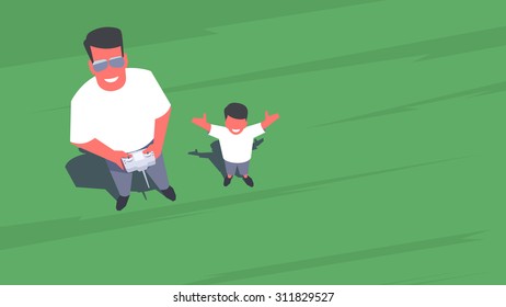 Father and son standing on the lawn and taking selfie using a drone. Aerial view. Outdoor scene. Retro style illustration.