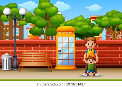 Father and son standing on the roadside