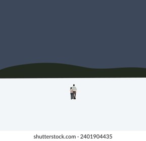 Father and son standing on the snow mountain looking at night sky. Active family vacation concept. Happy father day family holiday