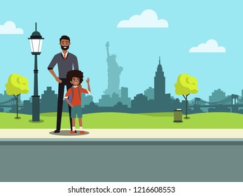 Father and son standing in the street