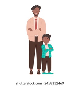 Father and son standing together, young man and boy with crossed arms vector illustration