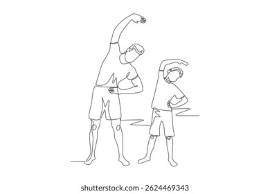 Father and son are stretching. Dad and kid excercise concept one-line drawing