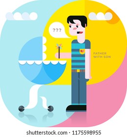 Father and son in a stroller on a walk. Vector cartoon illustration in a modern geometric style.