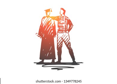 Father, son, student, university, graduation concept. Hand drawn father and son at graduation concept sketch. Isolated vector illustration.