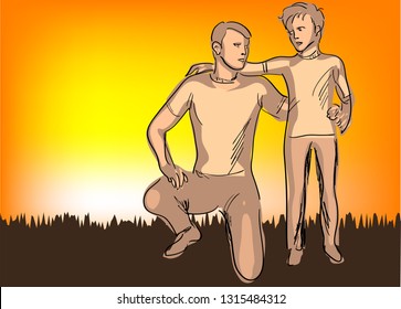 father and son at sunset. 10EPS