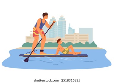 Padre e hijo sup surfeando juntos en la Ilustración vectorial llana de la ciudad. Hombre remando en remo de pie.