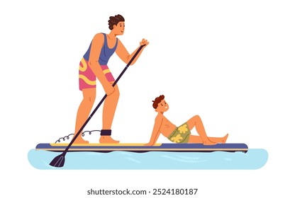 Padre e hijo sup surfeando juntos Ilustración vectorial plana aislada en blanco. Hombre remando en remo de pie.