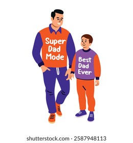 Father son with super dad mode and best dad ever written on their shirts, flat sticker