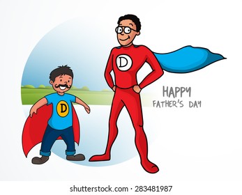 Father and son in super hero costume on nature background for Happy Father's Day celebration concept.