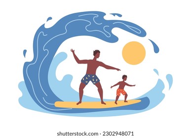 Father and son surf, African American family. Summer fun, family vacation.