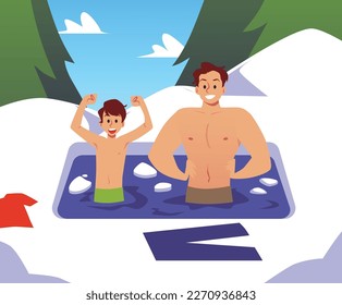 Father and son swimming in ice-hole in winter, flat vector illustration. Concepts of hardening and immune system support and strengthening. Healthy child and man swimming in cold water.