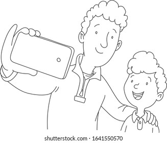 A father and son take a selfie with a mobile camera, a little boy with his father - coloring page