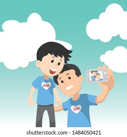 Father and son take a selfie photo happily smiling in the field park on a day light with bright blue sky and white cloud using modern digital camera in blue couple shirt
