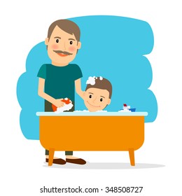 Father and son taking bath. Family and childcare. Vector illustration.