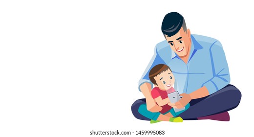 Father and son taking selfie cute cartoon isolated vector illustration scene. Dad and son Good Time Together, Best Dad. Happy family. Concept Fatherhood child-rearing.