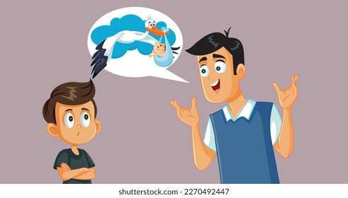 
Father and Son Talking about Where Babies Come From Cartoon. Curious child asking his dad childbirth related questions 
