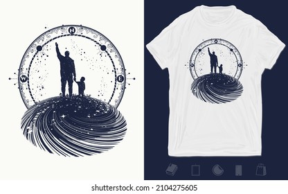 Father and son tattoo art. Happy family of the future. Life education. Immortality of human life t-shirt design. Vector graphics template. Hand drawn illustration