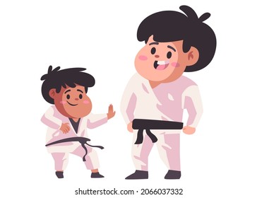father and son or teacher and student train teaching karate taekwondo in white uniform modern flat color isolated background vector illustration
