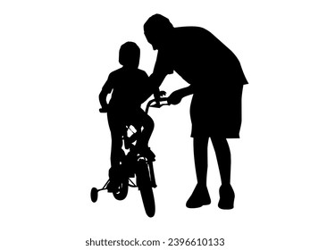 Padre e hijo enseñando a los hijos familia manejar la silueta de la ilustración de la bicicleta 