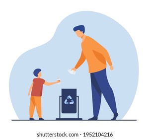 Father and son throwing out empty bottles to trash bin. Garbage, litter, reuse flat vector illustration. Recycling and environment concept for banner, website design or landing web page