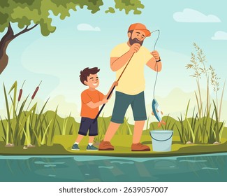 Father and son together enjoying fishing by the river on sunny day. Summer nature landscape. Family outdoor recreation. Vector cartoon illustration for Father's Day card, banner, poster, design