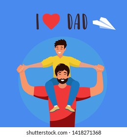 Father and son together. Father's day card about father's love and care. Vector illustration for your dezaine, banner, card.