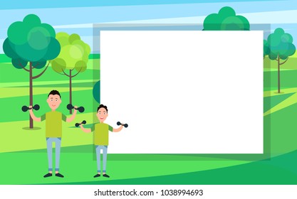 Father and son train with dumbbells vector illustration isolated frame for text city pak on backdrop. Dad and boy go in for sport together, sportive family