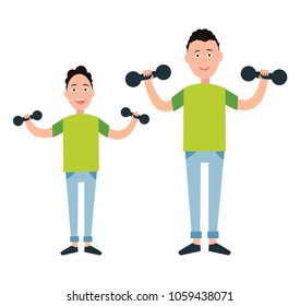 Father and son train with dumbbells vector illustration isolated on white. Dad and boy go in for sport together, sportive family, fatherhood concept