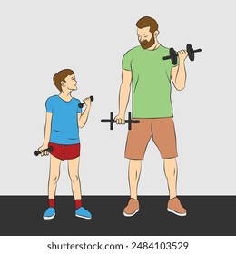 Father and son training with dumbbell illustration, Father's day