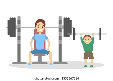 Father and son training together in the gym. Lifting barbell. Family doin sport exercise. Active lifestyle, hard workout. Isolated flat vector illustration