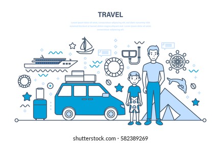 Father and son are traveling on vacation, relaxing by the sea, ride on the boat, diving, get acquainted with the culture. Illustration thin line design of vector doodles, infographics elements.