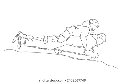 Father and son tubing down the hill. Side view. Snowy winter activity. Continuous line drawing. Black and white vector illustration in line art style.