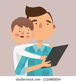 Father and son using laptop. Family using technology. Vector illustration.