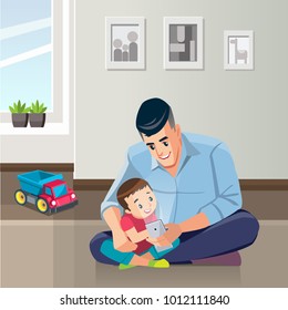 Father and son are using smartphones and smiling while spending time together at home. Concept Fatherhood child-rearing. Vector illustration