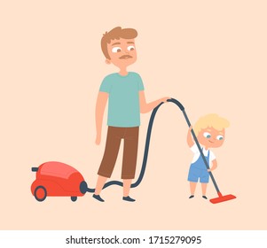 Father and son vacuuming. Householding, apartment cleaning. Man and baby boy with vacuum cleaning vector illustration