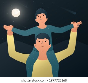 Father and son. Vector illustration of a happy father with his son sitting on his shoulders and watching the night starry sky and starfall. Stargazing Concept.