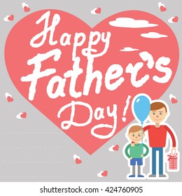 Father and son vector illustration for holiday postcard with lettering. 