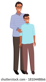 Father and son vector, isolated man with kid wearing glasses flat style characters. Male in simple clothes sweater and trousers, teenager and adult