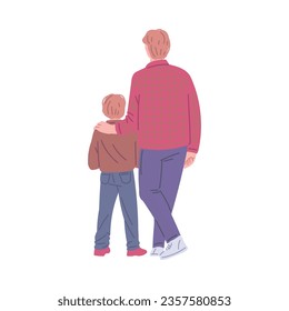 Padre con hijo, vista desde atrás, ilustración vectorial plana aislada en fondo blanco. Hombre de pie con su hijo, vista trasera o trasera. Concepto del Día del Padre.