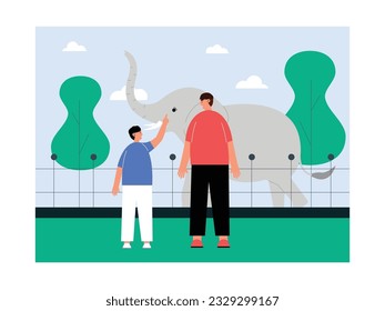 Father and son visit the zoo, see elephants, zoo vector illustration.