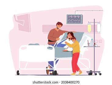 Father and Son Visiting Sick Mother with Arm Fracture. Female Patient Character Apply Treatment in Traumatology Hospital Department. Loving Family Relations. Cartoon People Vector Illustration