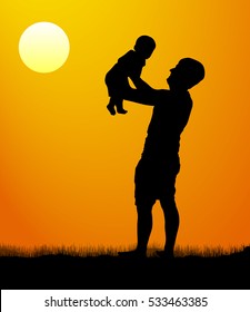 Father with son walk at sunset. Silhouette of a man with a child. vector illustration