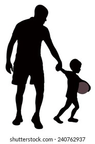 father and son walking, boy want to play with ball