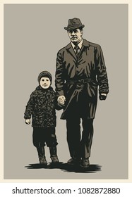 Father And Son Walking.  Drawing Style. Vector illustration.