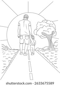 Father and Son Walking Hand in Hand Line Art, Black and white line art illustration depicting a father and child walking together hand in hand on a road towards a setting sun or large circle, with a