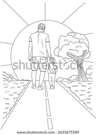 Father and Son Walking Hand in Hand Line Art, Black and white line art illustration depicting a father and child walking together hand in hand on a road towards a setting sun or large circle, with a