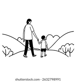 Pai e filho caminhando de mãos dadas através de uma paisagem cênica.