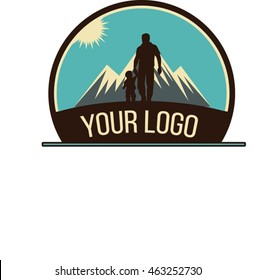 Father and son walking with mountain in background vector logo